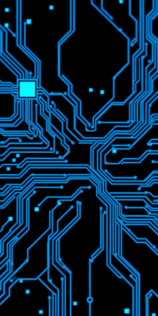 Create an abstract digital artwork featuring intricate blue circuitry patterns on a black background, using a high-resolution camera with a 50mm lens, f/1.8 aperture, ISO 100, 1/60 sec exposure, shot from a top-down view with a macro style for enhanced detail.