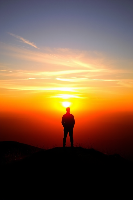 Create a high-resolution image of a silhouette of a person standing on a hilltop against a sunset background, using a DSLR camera with a 35mm lens at f/8 aperture, ISO 100, shutter speed 1/125 seconds, with a wide-angle view to capture the expansive sky and landscape, in a vibrant color style.