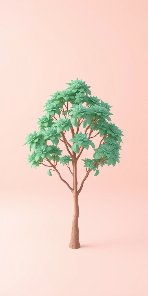 create a simplistic low-poly tree in a minimalistic environment with soft pastel colors, DSLR camera, f/2.8 aperture, ISO 100, 50mm lens, top-down view, studio lighting, high-resolution rendering