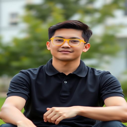 portrait of a young man sitting outdoors wearing a black polo shirt and yellow glasses shallow depth of field f/2.8 50mm lens ISO 100 1/200s soft natural lighting DSLR