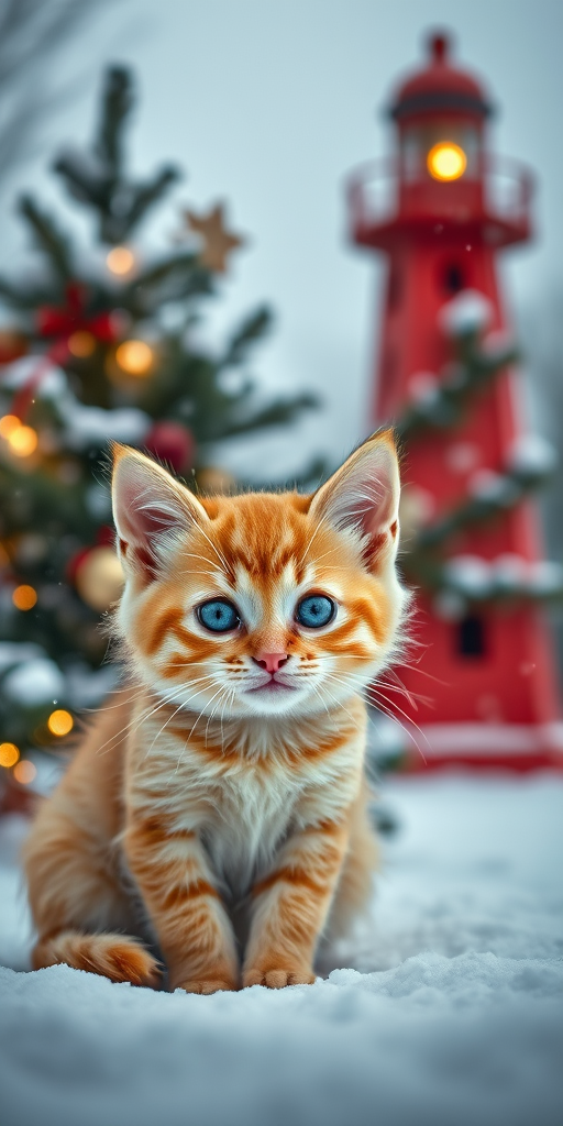 Create a whimsical winter scene featuring an orange tabby kitten with striking blue eyes sitting in front of a decorated Christmas tree and a red lighthouse, snow gently falling, captured using a DSLR camera with a 50mm lens at f/1.8, ISO 100, and a soft focus background for a dreamy effect.