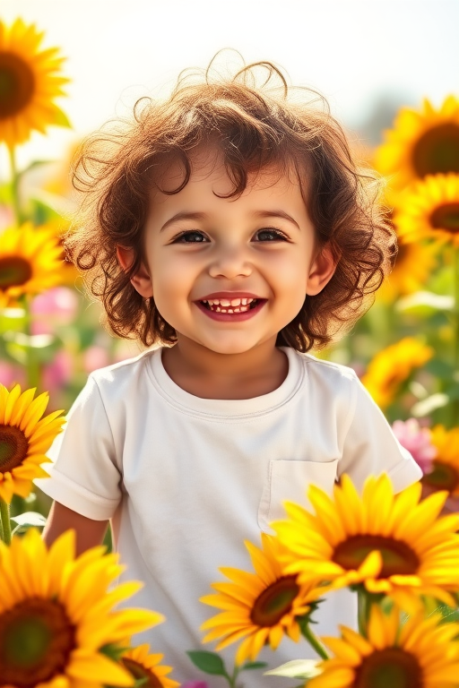 Generate a vibrant illustration of a joyful young child with curly brown hair wearing a white t-shirt, surrounded by a colorful array of sunflowers and other flowers, capturing warm sunlight; set the camera to f/2.8 for a shallow depth of field, ISO 100 for clear detail, and use a 50mm lens for an intimate portrait style, with a bright and cheerful atmosphere.