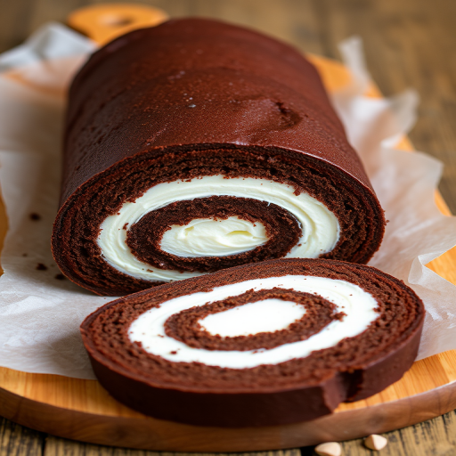 Chocolate roll cake with white cream filling sliced on a wooden board with parchment paper, showcasing a rich chocolate exterior and a spiral pattern of cream inside.