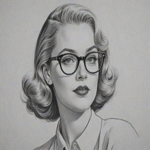 Enticing Sabrina Spellman, pencil sketch, portrait of Magnificent woman 1941s in glasses, hair style beatnik, outline, clear lines, fine lines, 8k
