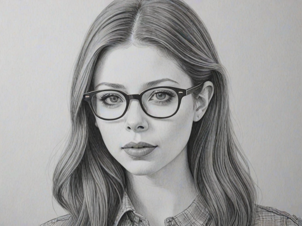 Captivating Michelle Trachtenberg, pencil sketch, portrait of Graceful woman 1968s in glasses, hair style beatnik, outline, clear lines, fine lines, 8k