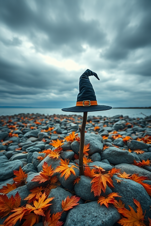 Capture a whimsical witch's hat perched atop a stick among vibrant orange autumn leaves on a rocky shore under a moody sky with dramatic clouds, using a Canon EOS R5, 35mm lens, aperture f/2.8, ISO 100, and a low angle perspective for depth.