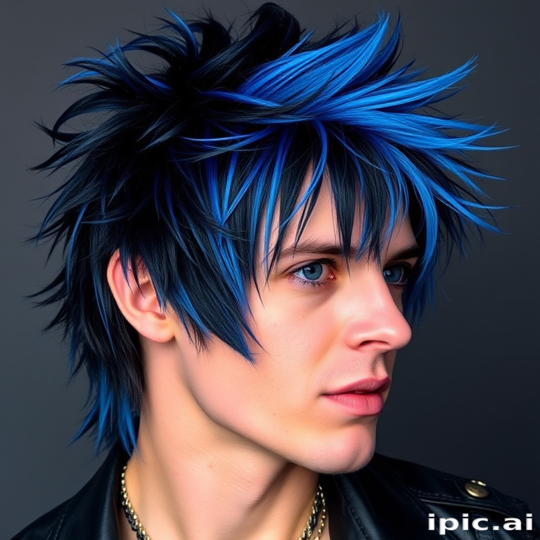 Edgy rock star sporting a choppy, layered mullet with electric blue tips and shaved sides, styled for maximum volume and attitude