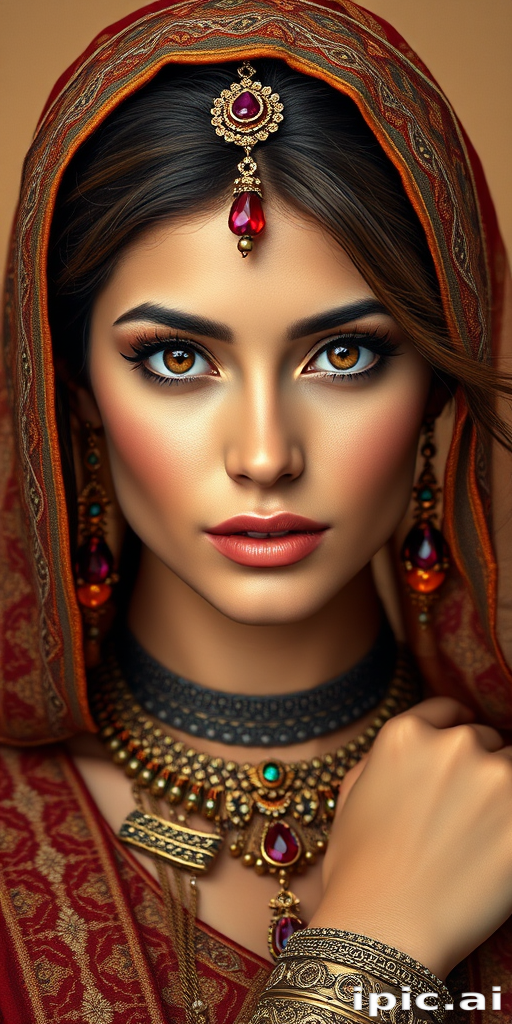 Create a portrait of a beautiful woman with striking hazel eyes and a gentle expression. She is adorned in traditional attire with intricate patterns, including a richly embroidered headscarf and matching garments. Her jewelry includes a delicate headpiece, dangling earrings, and ornate bracelets, all featuring vibrant gemstones and detailed metalwork. The background is soft and warm, enhancing the rich colors of her outfit and jewelry.
