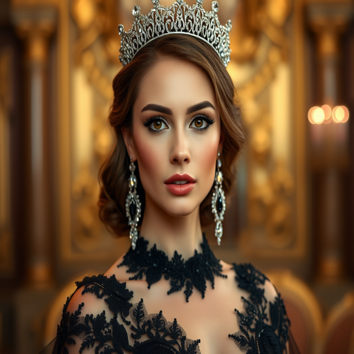 A gorgeous Caucasian woman in a luxurious black gown, accessorized with a dazzling tiara and statement earrings, her deep brown eyes highlighted by impeccable makeup, poised in a royal setting, photorealistic, 8K quality