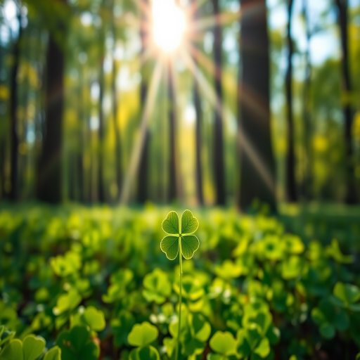 Generate a vibrant forest scene with a single four-leaf clover in the foreground, surrounded by a sea of clovers, sunlight filtering through trees creating dramatic rays, soft focus background, use a DSLR camera with an aperture of f/2.8, ISO 100, and a focal length of 50mm for enhanced depth of field.