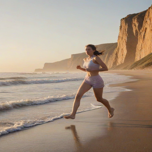 Blurry action shot of a woman running along a sunlit beach at dawn, soft waves crashing against the shore, with distant cliffs barely visible under the soft pastel sky.