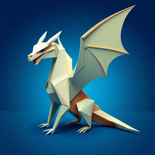 Create a high-resolution digital illustration of an origami dragon with sharp angles and a sleek design against a gradient blue background, using a DSLR camera with a 50mm lens, aperture f/1.8, ISO 100, and a soft focus for artistic depth.