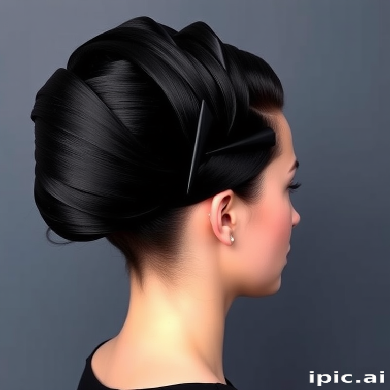 Sleek jet-black hair styled in a sculptural geometric updo, showcasing precise angles and smooth surfaces that reflect light in the avant-garde "Obsidian Origami" creation