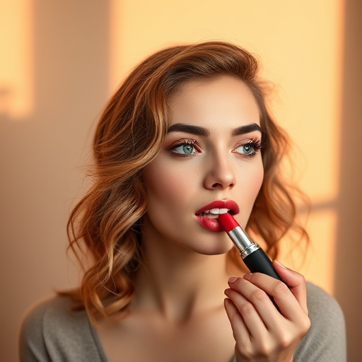 Regenerate an image of a young woman applying lipstick with soft curls and a warm background, using a portrait mode camera at f/2.8 aperture, 50mm lens, natural light, 4K resolution, and a focus on her expression and makeup details.