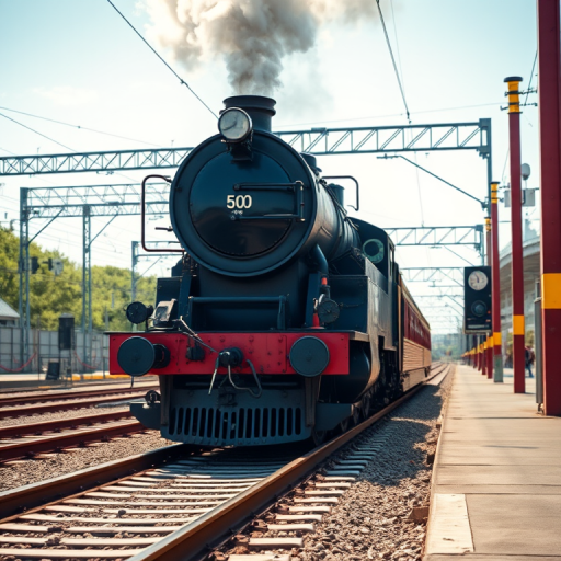 Capture a high-resolution image of a vintage steam locomotive on a railway track, using a Canon EOS 5D Mark IV, aperture f/8, shutter speed 1/500 sec, ISO 100, from a low-angle perspective, in bright daylight with a focus on detail and color saturation.