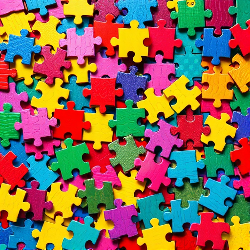 Create a vivid and colorful collage of interconnected puzzle pieces, shot with a DSLR camera, 50mm lens at f/2.8, ISO 100, and a top-down view for a flat lay effect.