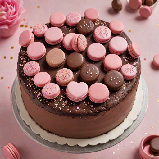 Create an image of a round chocolate cake topped with pink macarons and heart-shaped decorations. The cake should have a smooth chocolate frosting and be adorned with delicate whipped cream swirls. Add sprinkles and edible glitter for a festive touch, with a soft, light-colored background.