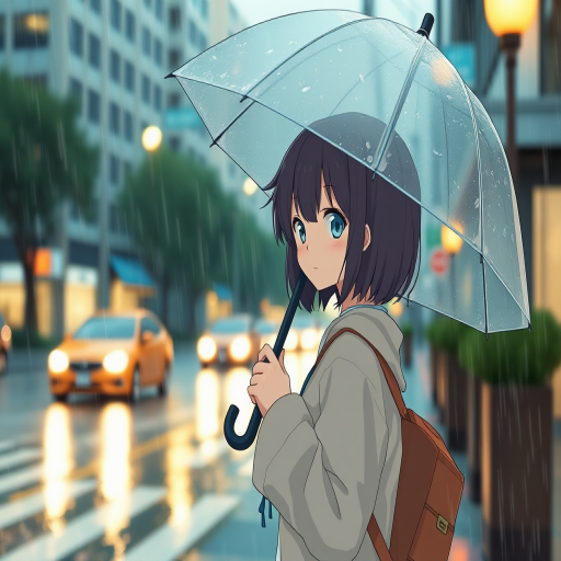 anime character holding an umbrella in the rain on a city street, soft focus, warm color palette, camera settings: f/2.8, ISO 400, 50mm lens, camera style: cinematic, camera type: DSLR