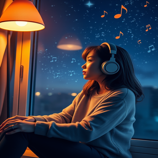 Generate an image of a young woman with headphones sitting by a window at night, gazing outside at a starry sky with musical notes floating around, warm light illuminating her from a nearby lamp, soft focus, high dynamic range, aperture f/1.8, ISO 100, 50mm lens, digital art style.
