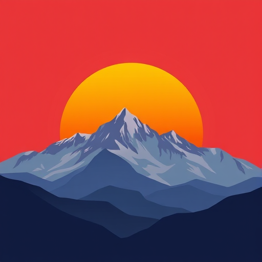 A digital illustration of a mountain range with a stylized sunset behind it, using vibrant orange, yellow, and red colors, with a modern minimalist design; camera settings: f/8, ISO 100, shutter speed 1/200, camera view: wide-angle; camera type: digital mirrorless; style: flat design.
