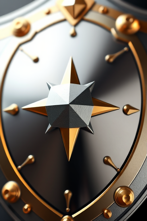 create a highly detailed 3D rendering of a metallic shield with gold accents, camera settings: f-stop 2.8, ISO 100, shutter speed 1/250, camera view: close-up perspective, camera style: high dynamic range, camera type: digital SLR