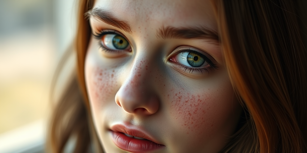 Portrait of a young woman with freckles and green eyes, soft natural lighting, shallow depth of field, aperture f/1.8, ISO 100, 85mm lens, shot from a close-up perspective, using a DSLR camera.