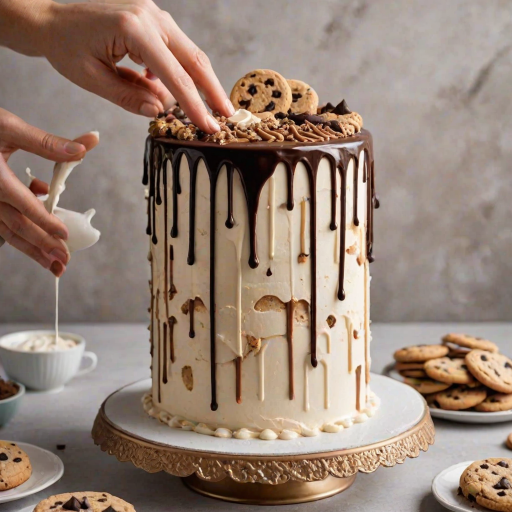Create an image of a tall, layered cake covered in smooth cream frosting. The cake should have a glossy chocolate drip cascading down the sides. At the top, there are decorative swirls of frosting and several cookies arranged aesthetically. A hand is gently placing a cookie on top, and there are cookie crumbs scattered around the base. The background is neutral and softly blurred to keep the focus on the cake.