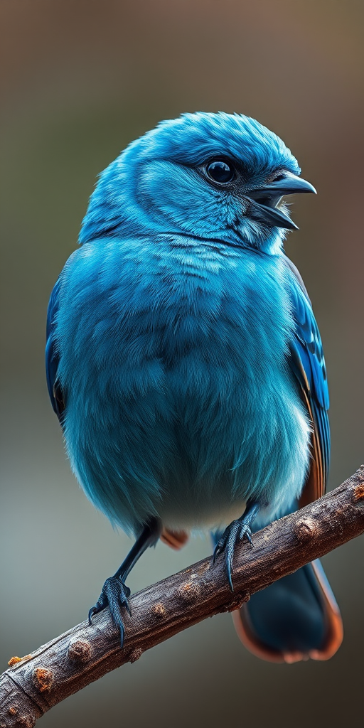 Regenerate a vividly colored illustration of a blue bird with striking features perched on a branch, using a macro lens, f/2.8 aperture, 50mm lens, and natural lighting to enhance detail and clarity.