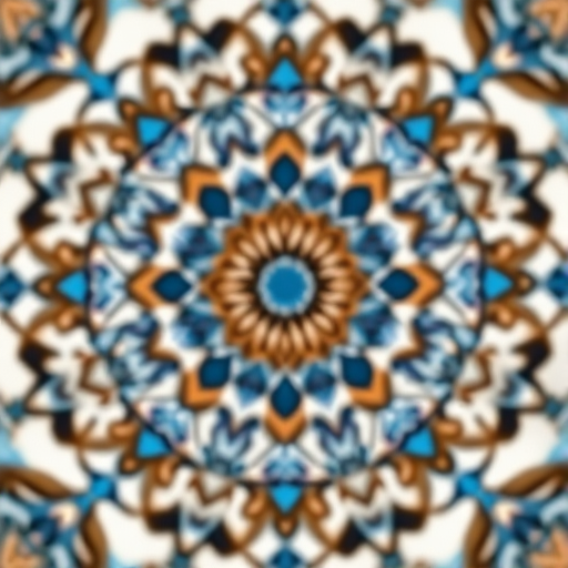 Create a symmetrical mandala pattern featuring intricate blue and brown designs, using a DSLR camera with a 50mm lens, f/2.8 aperture, ISO 100, and a shallow depth of field to enhance detail and clarity, shot from a top-down view.