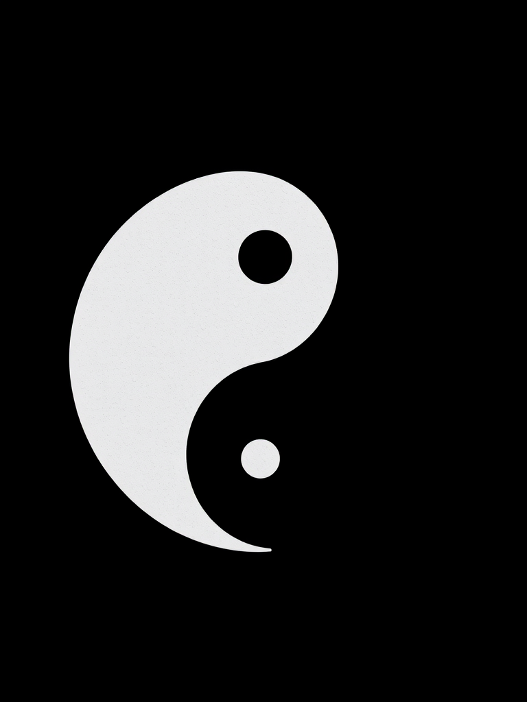 Create a high-resolution image of a yin and yang symbol with a clean black background, using a DSLR camera type, 50mm lens, f/2.8 aperture, ISO 100, and a soft focus camera style.