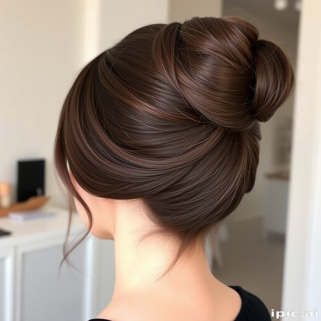 Elegant hair style exhibiting a smooth high ballet bun with a deep side part in a rich espresso brown shade