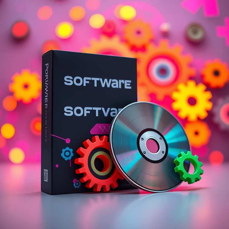 Create an image of a software box and a disk, with bright colorful gears in a modern design, captured with a DSLR camera at f/2.8, ISO 100, 50mm lens, and a slight top-down angle for depth.