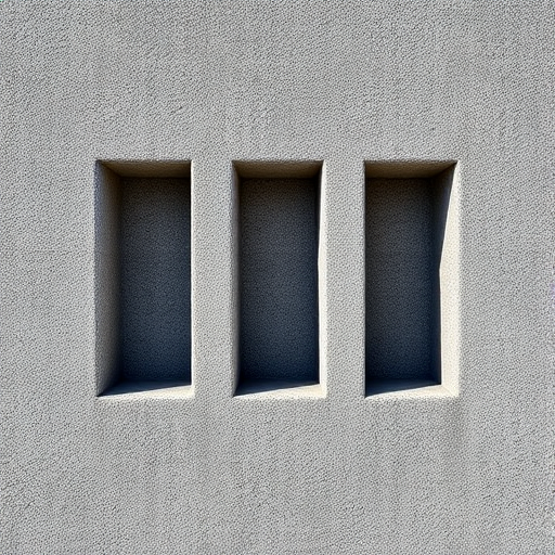 Create a high-resolution image of a textured gray concrete block with three evenly spaced rectangular cutouts, shot in natural light using a DSLR camera at f/8 aperture, ISO 200, and a focal length of 50mm, from a straight-on view to emphasize the details.