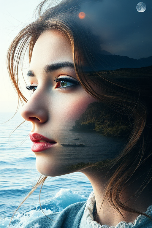create Book cover, A surreal double exposure portrait that blends a woman's face with a beautiful seascape. The overall mood is dreamy and mystical, with rich colors and intricate details
