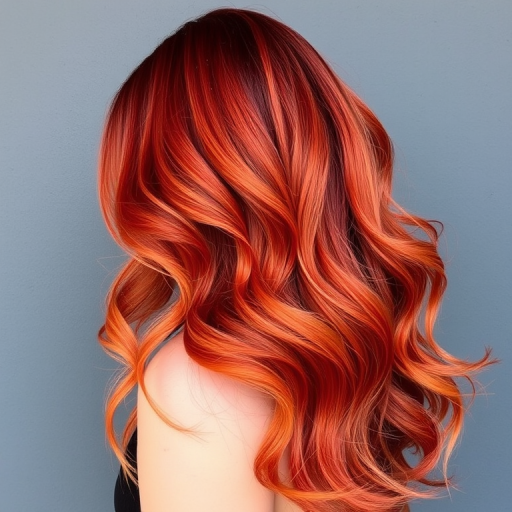 Radiant copper-red mermaid waves flowing past the waist, crafted by Autumn Ember, exhibiting a gradient effect from deep burgundy to bright tangerine, enhanced with subtle rose gold balayage and beachy textures