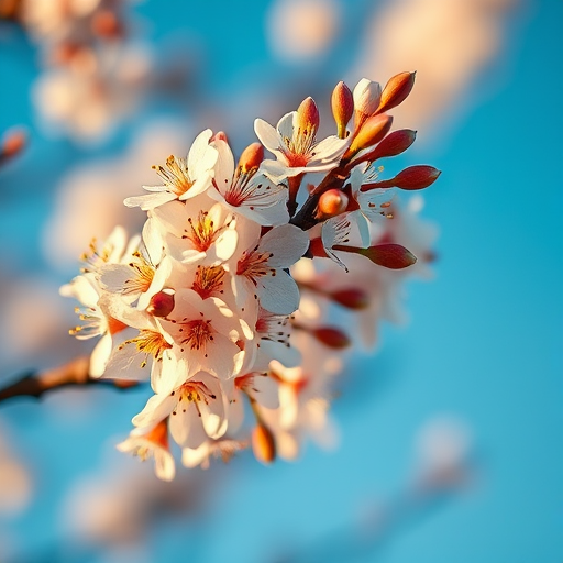 Capture a close-up of blossoming white flowers on a tree branch against a bright blue sky, using a DSLR camera with a 50mm lens at f/2.8, ISO 100, shutter speed 1/200s, golden hour lighting for soft shadows and enhanced color contrast.