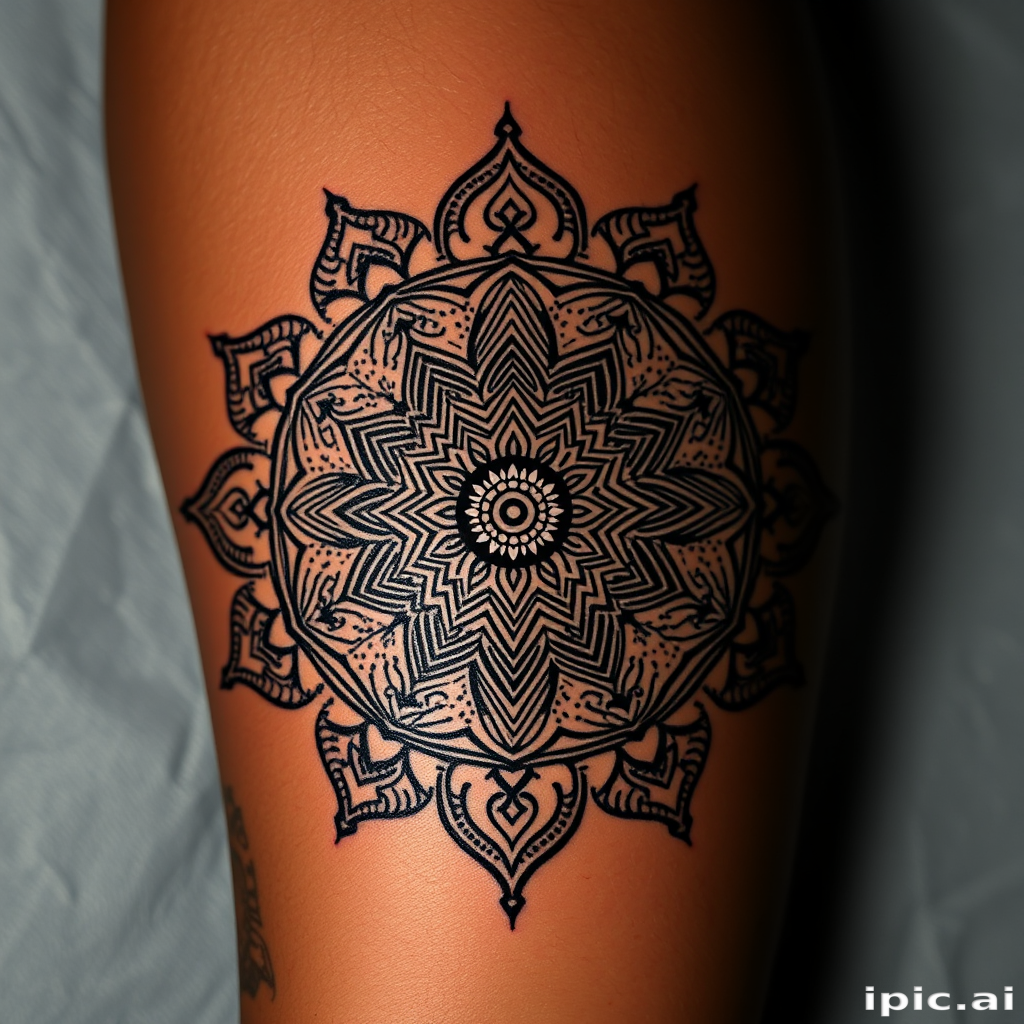 Mesmerizing mandala tattoo with intricate geometric patterns and sacred symbols, adorned with dotwork shading and white ink highlights, creating a mesmerizing three-dimensional effect on dark skin