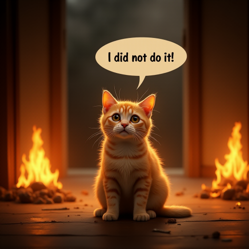 Photorealistic image of an innocent-looking cat sitting calmly in the middle of a burning room. Flames engulf the room, with fire licking up the walls and smoke filling the air. The cat is sitting on the floor, looking directly at the viewer with wide, innocent eyes. Above the cat, a speech bubble says "I did not do it". The contrast between the cat's calm demeanor and the chaos around it creates a humorous and surreal scene.
