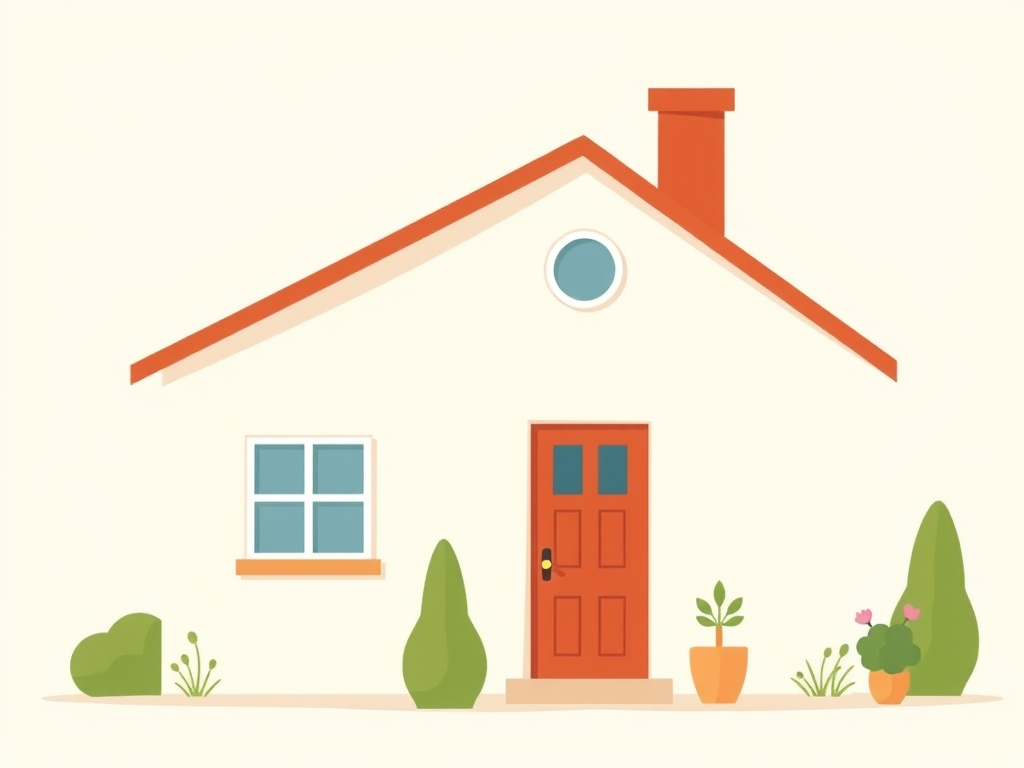 create a simple illustrated house with a red door, a chimney, and two windows, using a flat design style, shot from a straight-on view, with a soft color palette, employ a Canon EOS R5 camera settings: f/8, ISO 100, 1/200s, enhance clarity and sharpness for a clean look