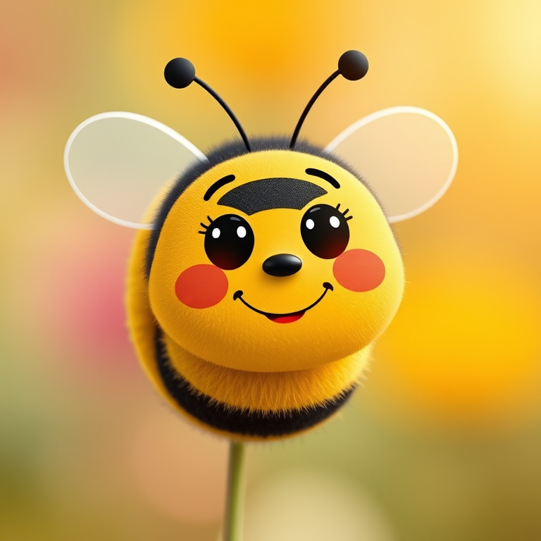 Create a cute cartoon bee with a smiling face, black and white stripes, and rounded wings, captured with a DSLR camera at f/2.8 aperture, ISO 100, with a shallow depth of field, focusing on the bee against a soft blurred background.