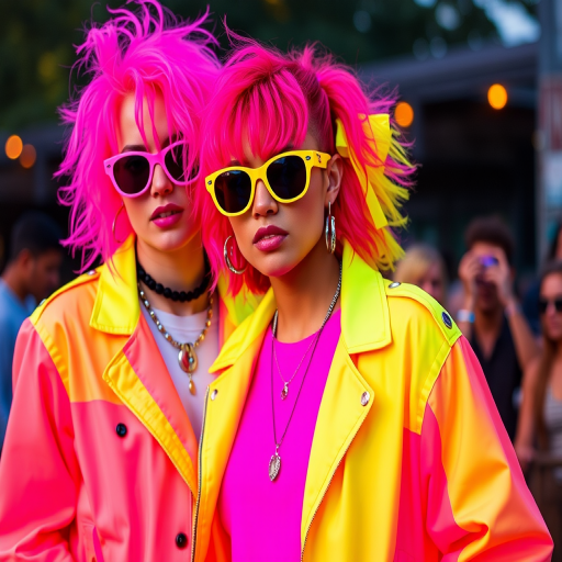 Electric Neon Fusion showcases a bold combination of fluorescent pink and yellow, creating an eye-catching statement look for music festivals and street style.