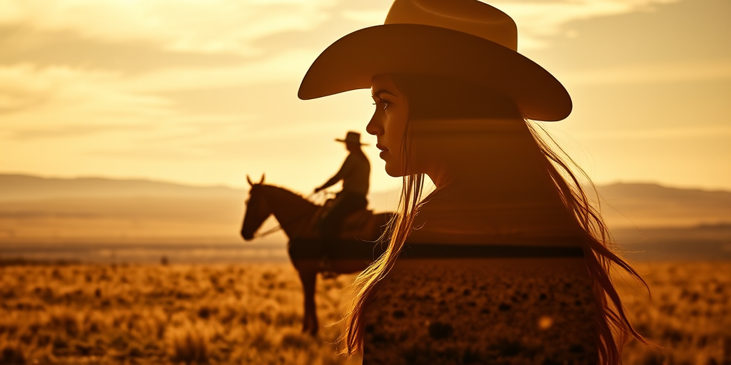 "Create a Double exposure", a silhouette "profile portrait of a young cowgirl" with long hair "superimposed" against a long shot of a cowgirl riding a horse across the plains, fantastic view, 32k, cinematic, hyper-realistic.