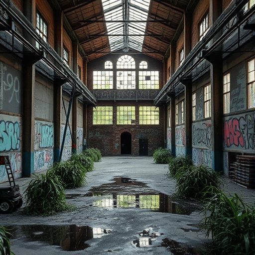 abandoned warehouse interior with broken windows and graffiti, overgrown plants, puddles on the floor, high detail, 35mm lens, f/8 aperture, ISO 100, natural lighting, wide-angle view, DSLR camera, realistic textures