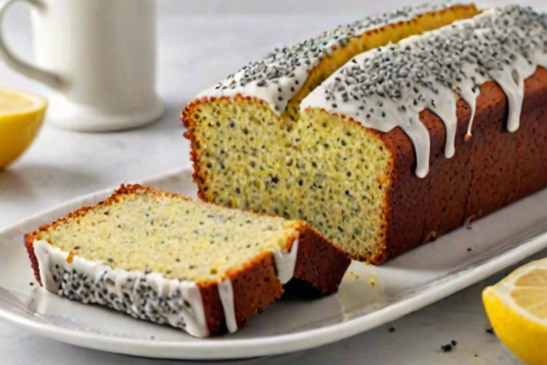 Generate an image of a sliced lemon poppy seed loaf cake. The cake should have a moist, textured interior with visible poppy seeds and a light glaze on top. The background should be simple and clean, emphasizing the cake on a white plate.
