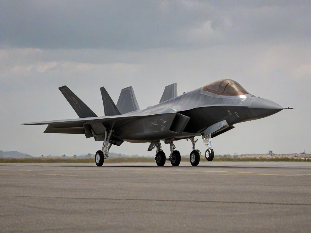 a high-resolution photograph of a sleek F-22 Raptor, situated on a large, flat, gray concrete runway. The aircraft's sleek, angular design and metallic gray color dominate the image. The F-22's wings are swept back