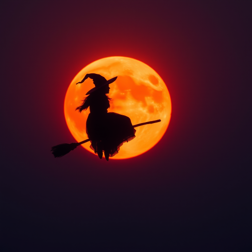 Double exposure, a silouette of a witch on a broomstick centered in the middle of an blood orange full moon.  Any suggestions on getting a good image of a witch on a broomstick centered in the middle of an blood orange full moon.  I tried different generators and changed the wording around.