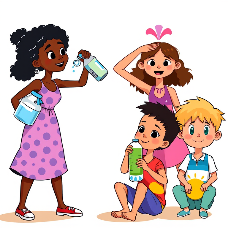 Create a vibrant digital illustration of four diverse cartoon characters: a black woman pouring water from a bottle, a girl in a pink dress shielding her eyes from the sun, a boy drinking from a bottle, and a blonde boy sitting with a sun graphic, all set against a bright background; use a Canon EOS 5D Mark IV with a 50mm f/1.8 lens, aperture set at f/8, ISO 200, and take from a slightly elevated angle to enhance depth and clarity.