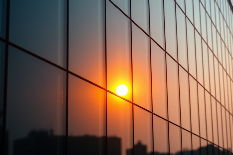 Capture a close-up of a modern building facade with reflective glass panels, showcasing a sunset reflection, using a Canon EOS R5, 50mm lens, ISO 100, aperture f/4, and a shutter speed of 1/250s.