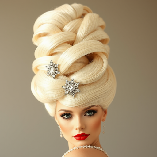 Sophisticated platinum blonde beehive titled Retro Glamour featuring a towering structure of intricately teased and sculpted hair adorned with vintage rhinestone accessories for timeless elegance