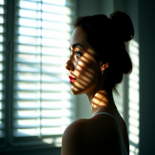 portrait of a woman in soft natural light with shadows, captured with a 50mm lens, f/1.8 aperture, ISO 200, shot at 1/200 sec, using a DSLR camera, side profile view, in a dimly lit room with blinds casting patterns on her face.